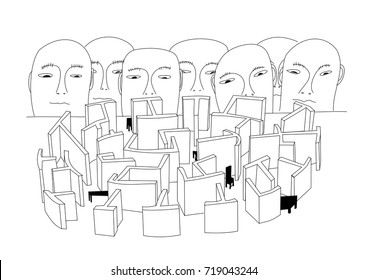 The sketched vector illustration of the fantastic office world with the labyrinth