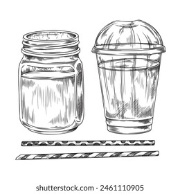 Sketched vector illustration showcasing a mason jar and a plastic cup with a lid, accompanied by two straws, ideal for drink-related designs.