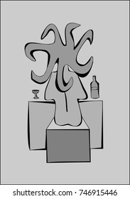 The sketched vector illustration of a sitting woman with a bottle and a glass on the grey cube
