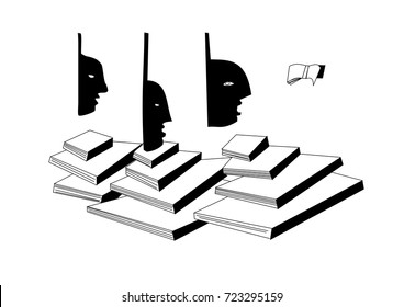 The sketched vector illustration of the three flying heads over the books