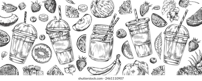 A sketched vector set featuring assorted smoothie cups alongside a variety of fruits like strawberries, bananas, and kiwis, perfect for culinary visuals.