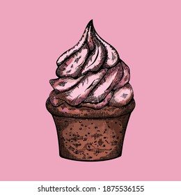 Sketched vector tiramisu with strawberry. Traditional italian dessert in etching style. 