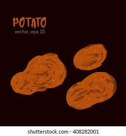 Sketched vegetable illustration of potato bright on a dark background. Hand drawn brush food ingredient. Vector bio and eco icon, logo design template. Concept for healthy food.