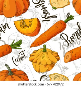 Sketched vegetables background. Vector seamless pattern with carrot and pumpkin and squash. Hand drawn illustration