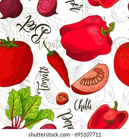 Sketched vegetables background. Vector seamless pattern with beet and chilli and tomato and pepper. Hand drawn illustration.