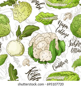 Sketched vegetables background. Vector seamless pattern with kohlrabi and napa cabbage and couliflower and lettuce. Hand drawn illustration