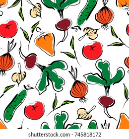 Sketched vegetables seamless pattern. Hand drawn vector illustration.