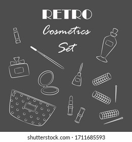Skizzierte Vintage-Kosmetikset. Vektorillustration Retro Make-up Beauty Products. Umrahmte Lipstick, Parfüms, Spiegel, Pinsel, Beutel, Roller, Nagellack. Weiße Symbole Frauenzubehör auf dunklem Hintergrund