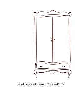 Sketched vintage wardrobe closet isolated on white background. Wardrobe closet vector illustration.