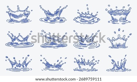 Sketched Water Crown Collection of Splashes with Droplets in Blue Ink