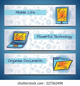 Sketched White business Banners with the tablet, laptop, folder - vector illustration