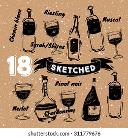 Sketched wine elements with beautiful hand-drawn glasses  on paperboard