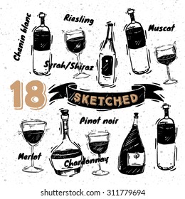 Sketched wine elements with beautiful hand-drawn glasses on white background