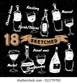 Sketched wine elements with beautiful hand-drawn glasses on black paper

