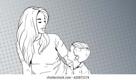Sketched Woman Embrace Child, Mother With Son Over Pop Art Retro Pin Up Background Vector Illustration