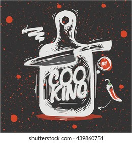 Sketched Wooden kitchen cutting board - School for cooks. Black background