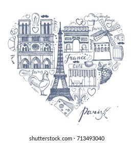 The sketches about France and Paris in the shape of a heart