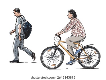 Esboços de pedestre homem casual sozinho com mochila andando e uma cidadã ciclista andando de bicicleta na rua da cidade, vista lateral, ilustração vetor desenhada à mão realista isolado no branco