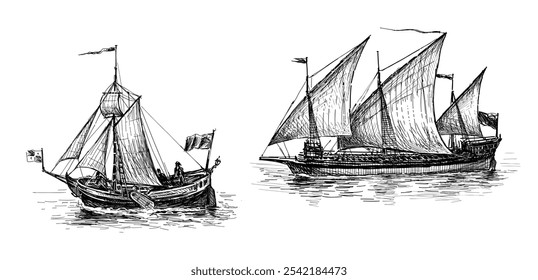 Sketches of ancient sailing ships in sea, vector hand drawn illustration isolated on white