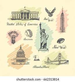 Sketches of architectural and historical symbol of the United States