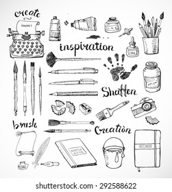 Sketches of artist's and writer's tools. Contains "creativity" lettering in German and French. 