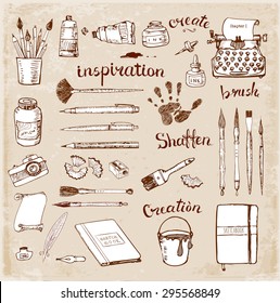 Sketches of artist's and writer's tools. Contains "creativity" lettering in German and French. 