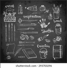 Sketches of artist's and writer's tools on blackboard. Contains "creativity" lettering in German and French. 