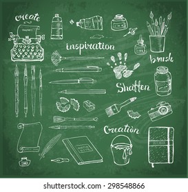Sketches of artist's and writer's tools on blackboard. Contains "creativity" lettering in German.
