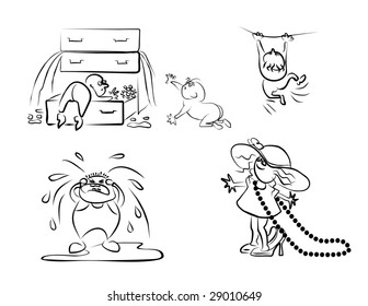 Sketches of  baby: children play, cry.
