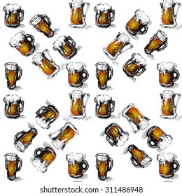 Sketches of beer mugs. Seamless pattern.