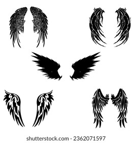 sketches of black angel and demon wings tattoo. Vector set of EPS 10 drawings