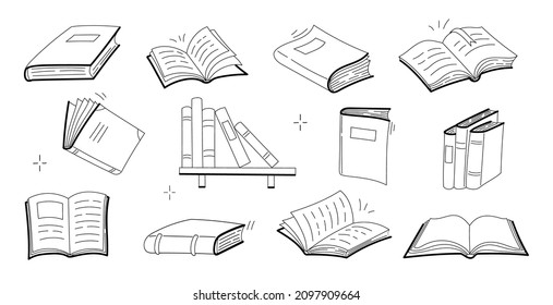 Sketches of books, open and closed textbooks, dictionary or novels with blank covers. Vector doodle set of literature icons for library, school or store isolated on white background