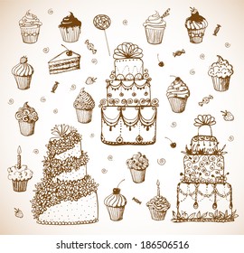 Sketches of cakes and cupcakes hand-drawn with chalks on blackboard. Vector illustration. 