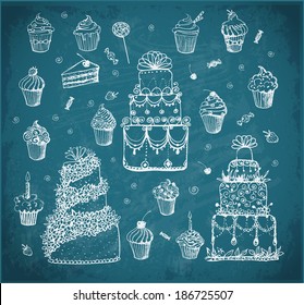 Sketches of cakes and cupcakes hand-drawn with chalks on blackboard. Vector illustration. 