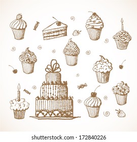 Sketches of cakes and cupcakes hand-drawn in vintage style. Vector illustration. 