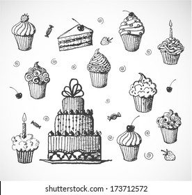 Sketches of cakes and cupcakes isolated on white. Vector illustration. 