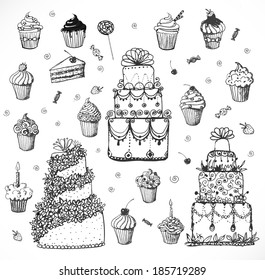 Sketches of cakes and cupcakes isolated on white. Vector illustration. 