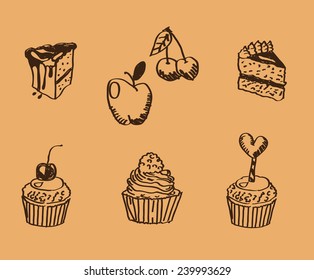 Sketches of cakes and cupcakes isolated on beige. Vector illustration.
