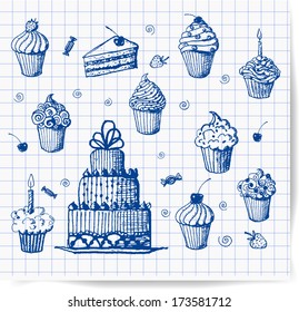 Sketches of cakes and cupcakes on squared paper. Vector illustration. 