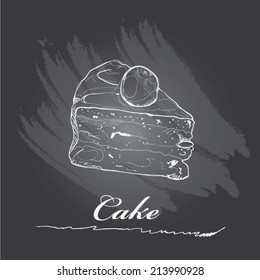 Sketches of cakes hand-drawn with chalks on blackboard. Vector illustration.