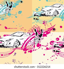 Sketches car made with ink. Black blob and color line on creative pattern