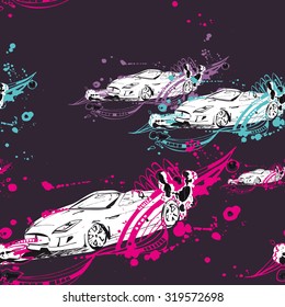 Sketches car made with ink. Black blob and color line on creative pattern