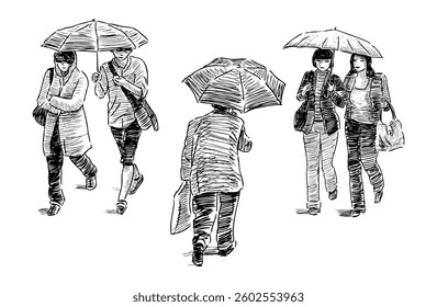Sketches of casual citizens pedestrians under umbrellas walking on city street, vector realistic hand drawing isolated on white