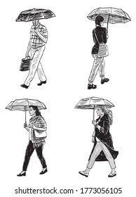Sketches casual citizens walking down street under umbrellas in rainy weather