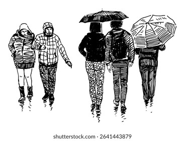 Sketches of casual city pedestrians walking under umbrellas in raining outdoors, vector realistic hand drawing, black and white illustration isolated on white