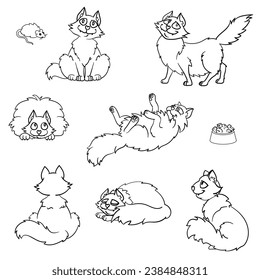 Sketches of a cat in a cartoon style. Funny cat in different poses.