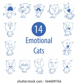 sketches cats with different emotions. freehand drawing. vector