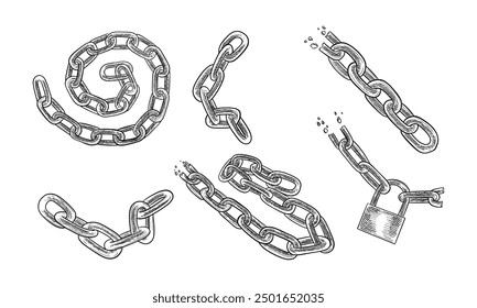 Sketches of chain links and lock. Set of isolated hand drawn icons of broken metal chain with padlock or locker. Prison or guard, bike bond. Connect and metal, connection element and guard equipment