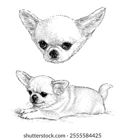 Sketches of chihuahua dog  lying, pet portrait, realistic hand drawn illustration isolated on white