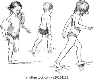 sketches of the children on the beach